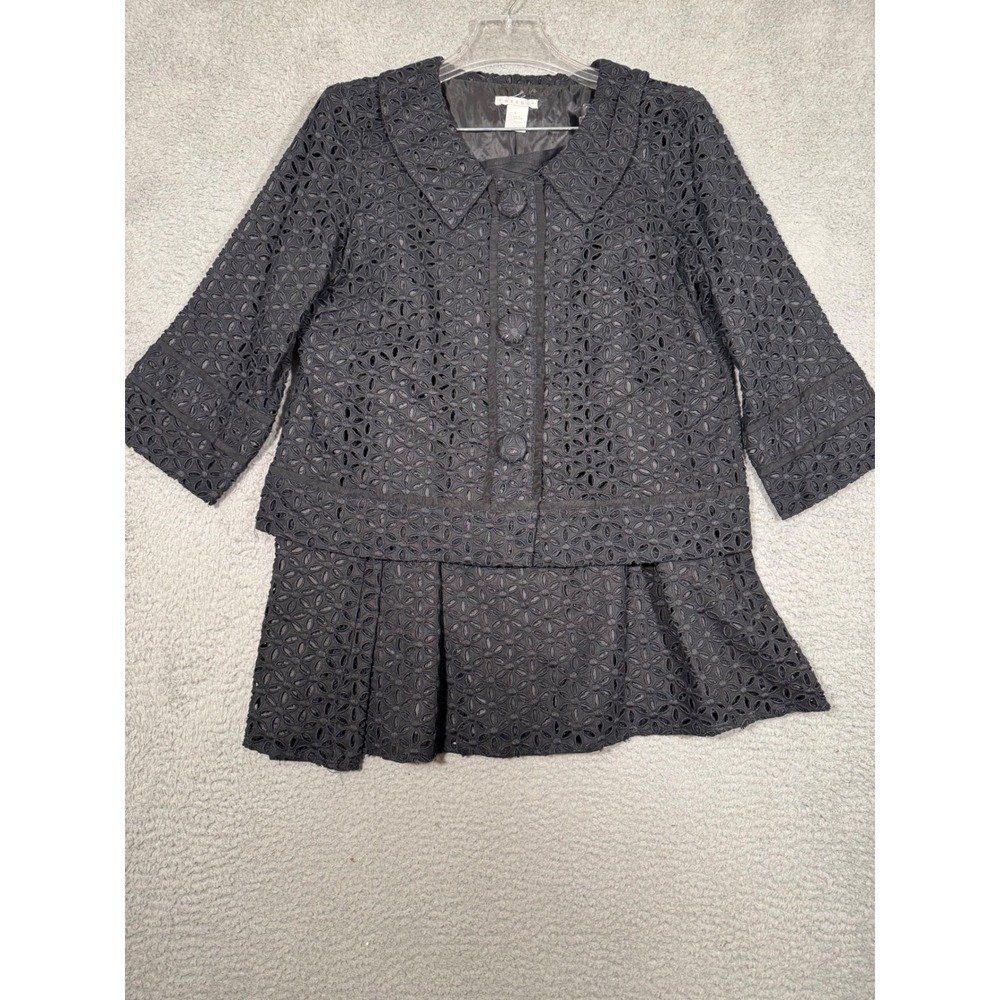 Tweeds Black Linen Blend Eyelet Skirt Suit Set Jacket & Skirt Floral Size L